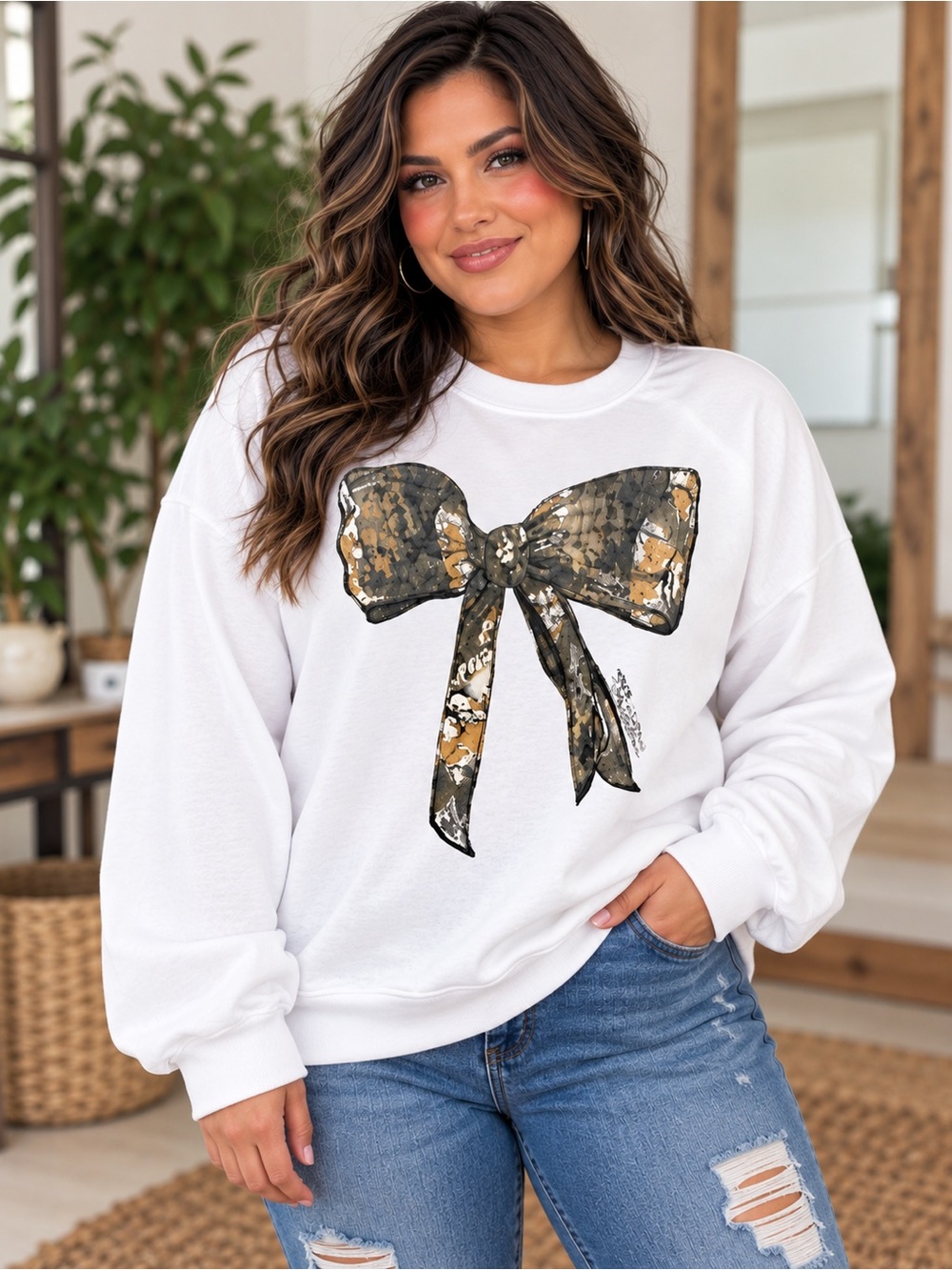 Simply Southern White Sweatshirt with Camo Bow Graphic
